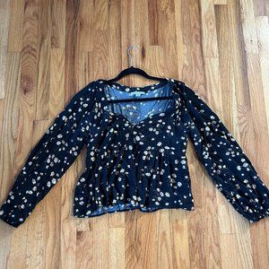 American Eagle Black Floral 70s Blouse